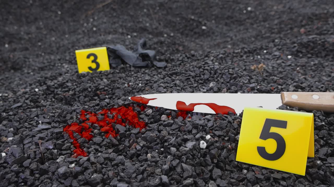 Low angle close up video of a bloody murder weapon kitchen knife and nylon black glove next to yellow police crime scene markers on dark colored gravel ground. Blood spatter around the knife as well