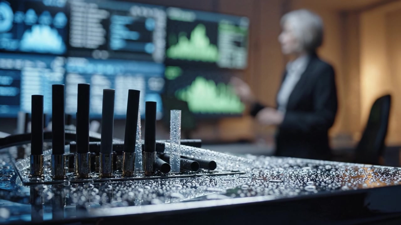 Close-up of a modern data analysis workspace with monitors displaying varied analytics, featuring a detailed foreground of equipment amidst a professional setting.