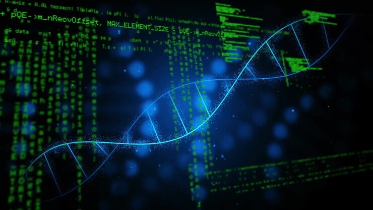 Glowing blue double helix forming from faint right curve and sweeping over green code, showing data