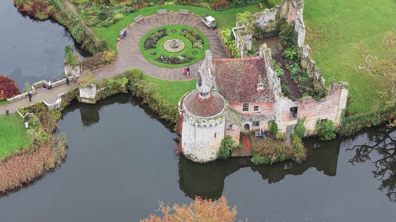 Aerial top down view on Scotney Old Castle medieval moated manor house, Kent, England