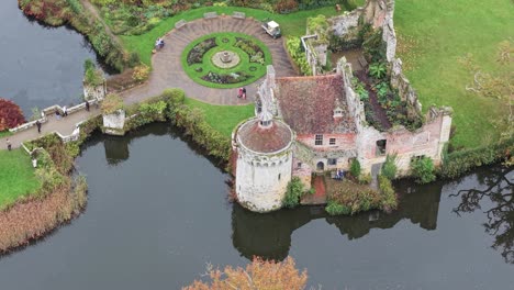 aerial top down view on scotney old castle medieval moated manor house, kent, england