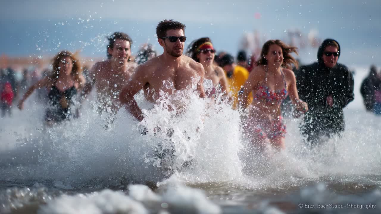 Dias de alegria na praia: nadadores entusiasmados correm pelas ondas, aproveitando as vibrações do verão com risos e entusiasmo enquanto se divertem nas águas frescas do oceano sob um céu limpo