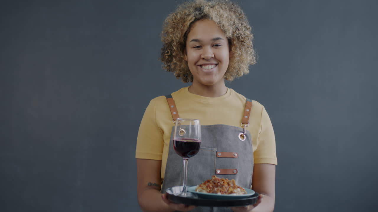 Woman Waitress Serving Food and Wine