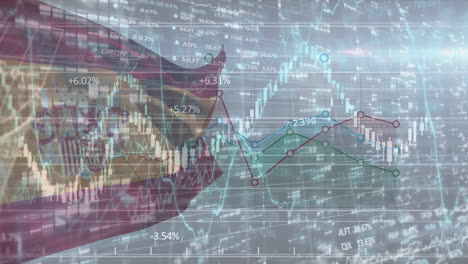 Animación-De-Gráficos-Y-Procesamiento-De-Datos-Sobre-Bandera-De-España-Sobre-Fondo-Gris.