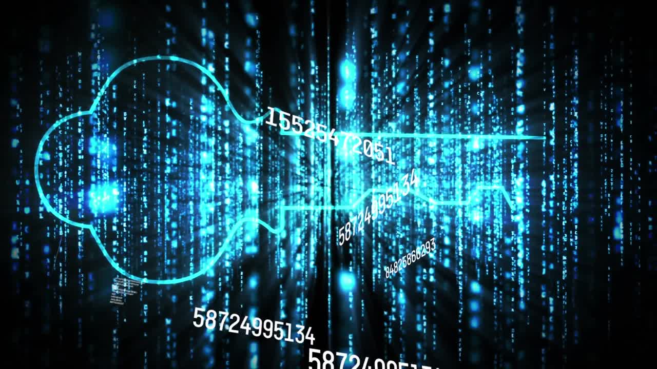 Animation of numbers changing and data processing over glowing key