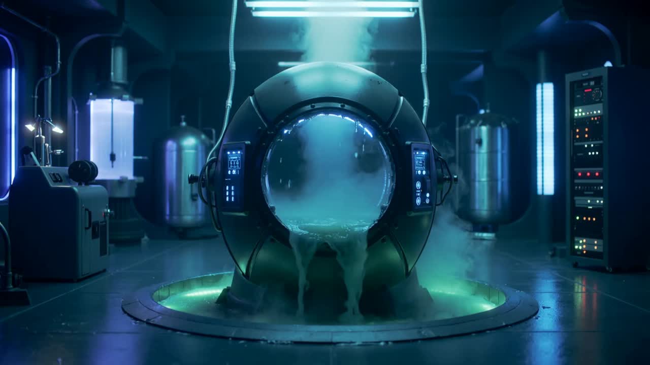 Capsula sferica di scarico che versa liquido verde acqua nel pozzetto in un laboratorio di ricerca, comandi che visualizzano lo scarico