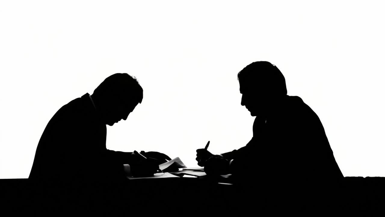 Silhouetted Businessmen Engaged in Serious Discussion Over Documents, Highlighting Collaboration and Negotiation in a Professional Setting