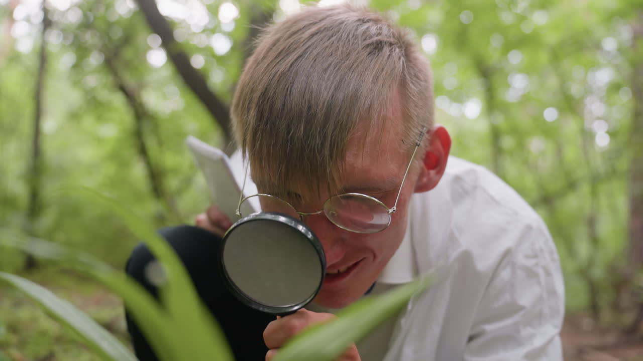 Biologist in white coat with glasses closely observes blurred plant in forest using magnifying glass, focusing on ecological research and scientific observation with serious concentration