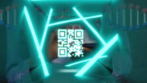 neon qr code scanner and dna structure spinning against mid section of woman using smartphone