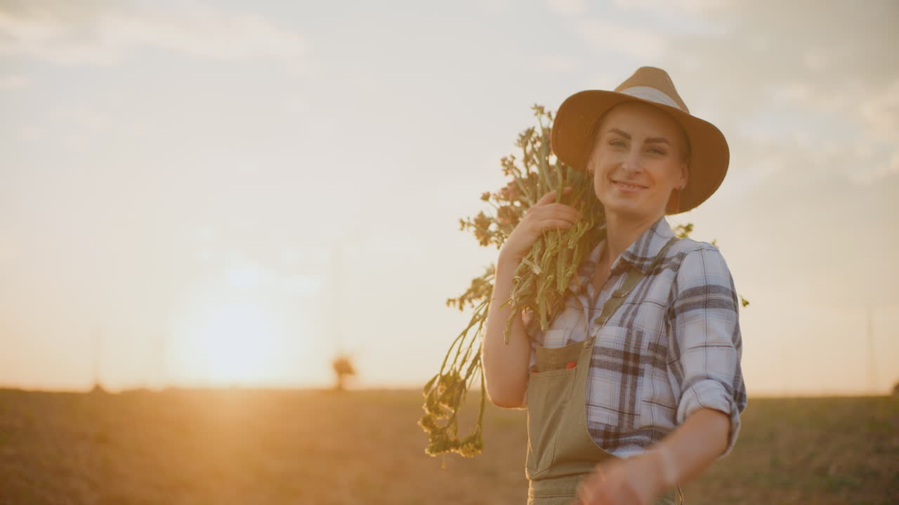 Mulher Agricultora Segurando um Buquê de Flores ao Pôr do Sol