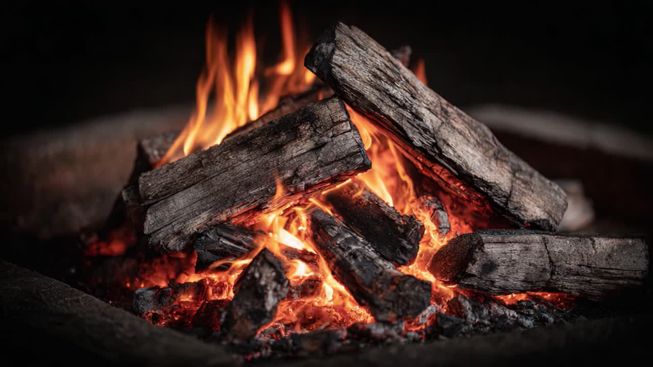 A mesmerizing display of radiant flames dancing over charred logs in a cozy pit, encapsulating the warmth and allure of a glowing fire