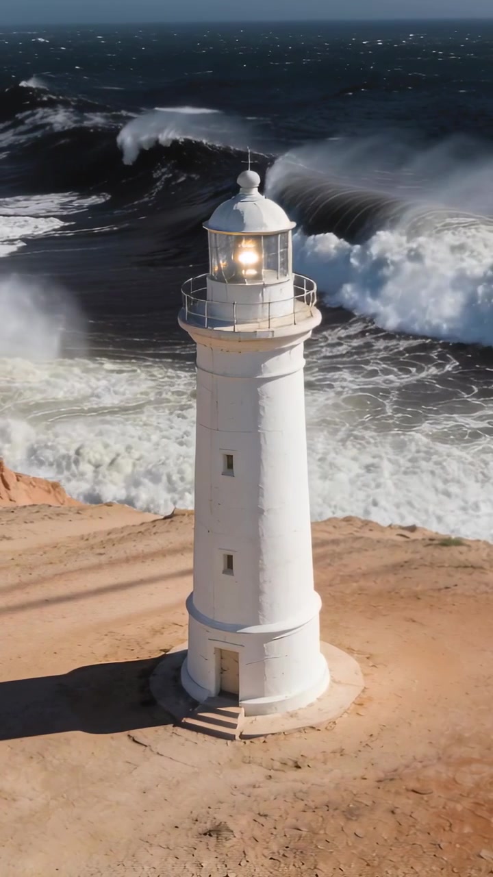 Video verticale: Faro bianco eretto tra le onde che si infrangono sulla riva, lampada accesa che fa da guida
