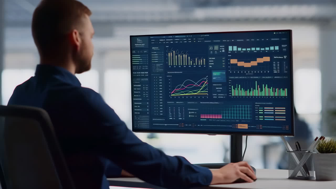 Man Analyzing Business Data and Charts on a Computer Screen