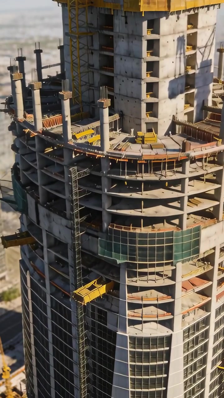 Video verticale: Torre imponente sul cantiere, paranco che abbassa il carico al piano, gru, casseforme gialle