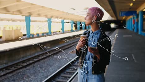 Animation-of-network-of-connections-over-woman-drinking-coffee