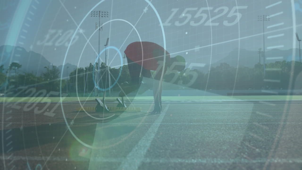 Athlete preparing to sprint with speedometer animation over track field