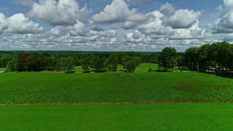 Luftdrohne,-Die-Sich-Rückwärts-über-Grünes-Ackerland-Bewegt,-Zusammen-Mit-Heuballen,-Die-Auf-Dem-Feld-Verstreut-Sind,-Während-Weiße-Wolken-Vorbeiziehen