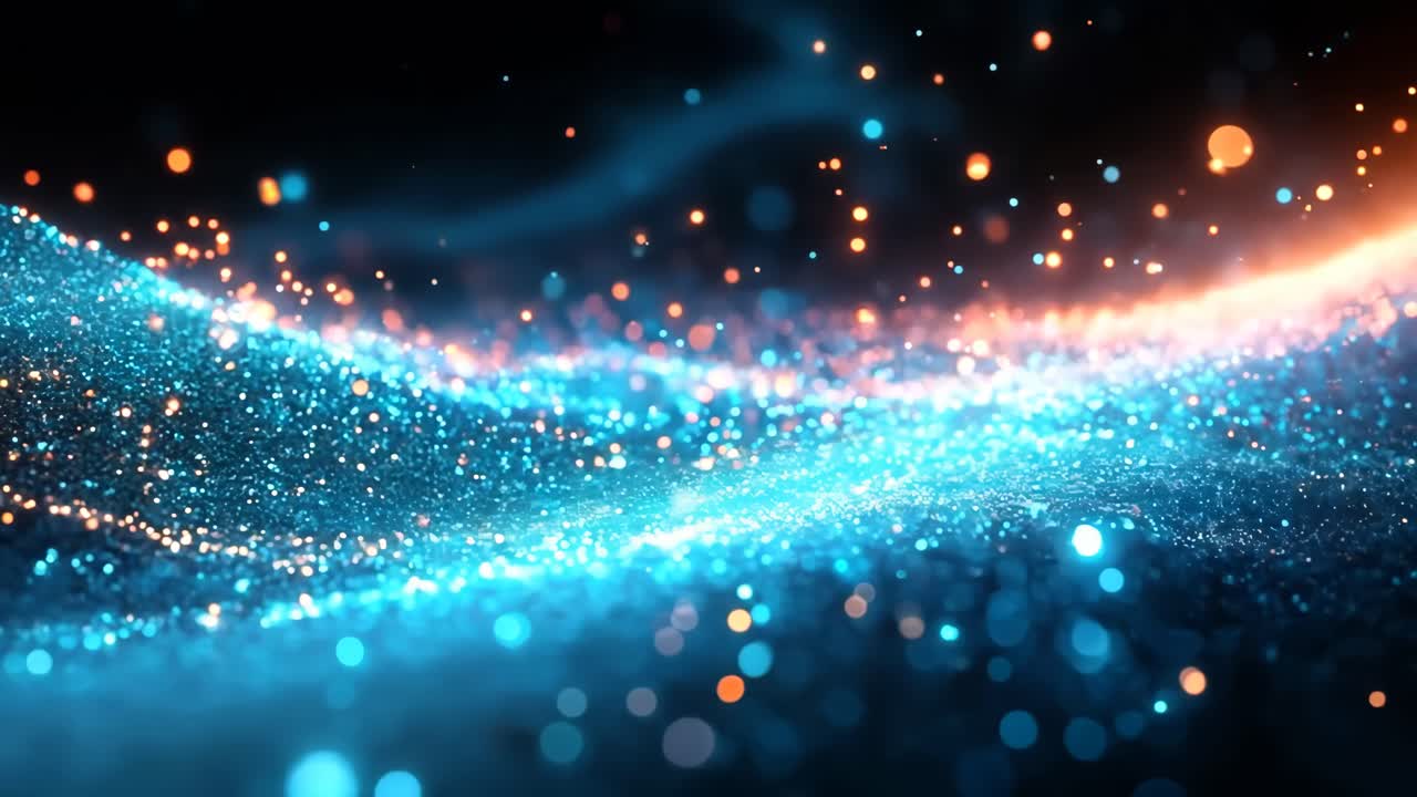 A blue and orange swirl of light with many small dots. The blue and orange swirls are moving and the dots are scattered throughout the image