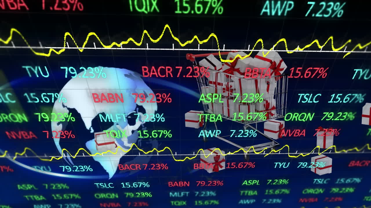 쇼핑 트롤리 및 금융 데이터 처리의 애니메이션 전 세계