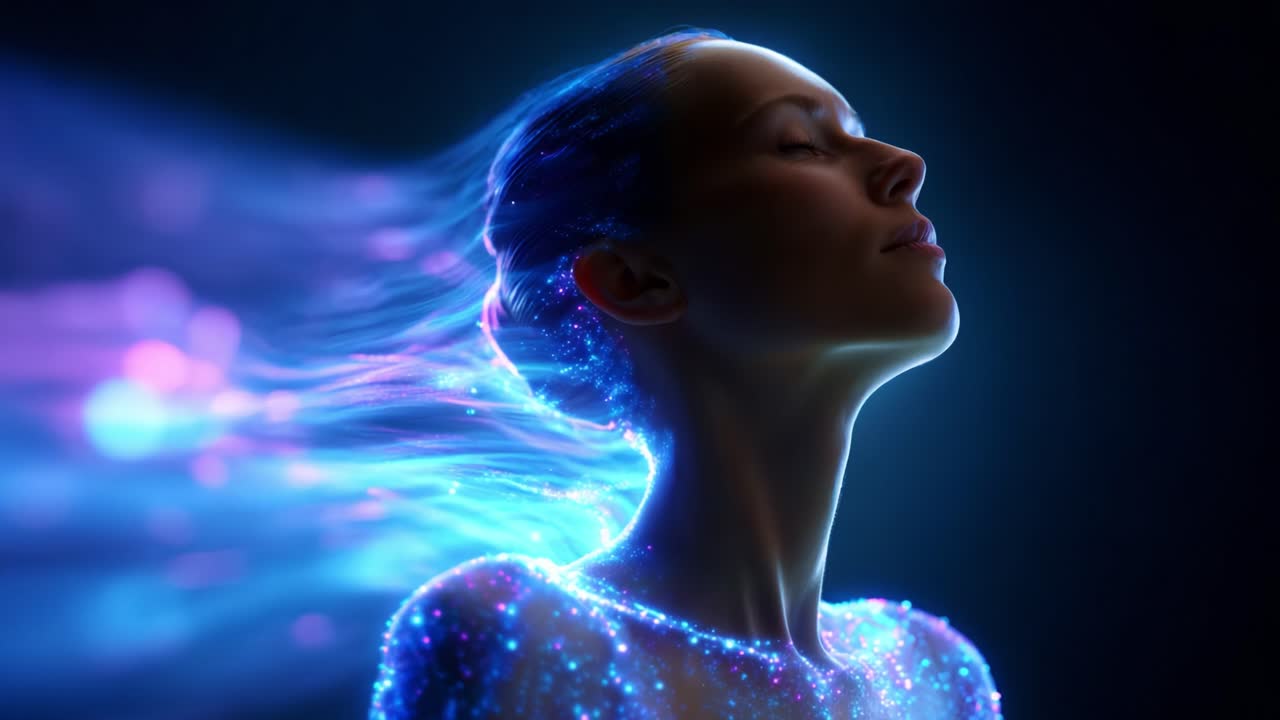 A luminous representation of a serene face surrounded by flowing energy, showcasing the blend of beauty and mystique as vibrant colors intertwine to form an ethereal aura around the figure, capturing tranquility and artistry