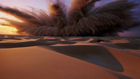 sandstorm over dunes at sunset