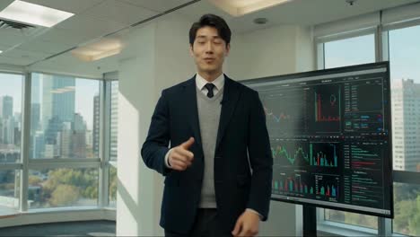 confident asian man giving a business presentation in office