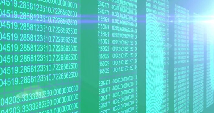 Animation of digital information flowing through network of computer servers in server room
