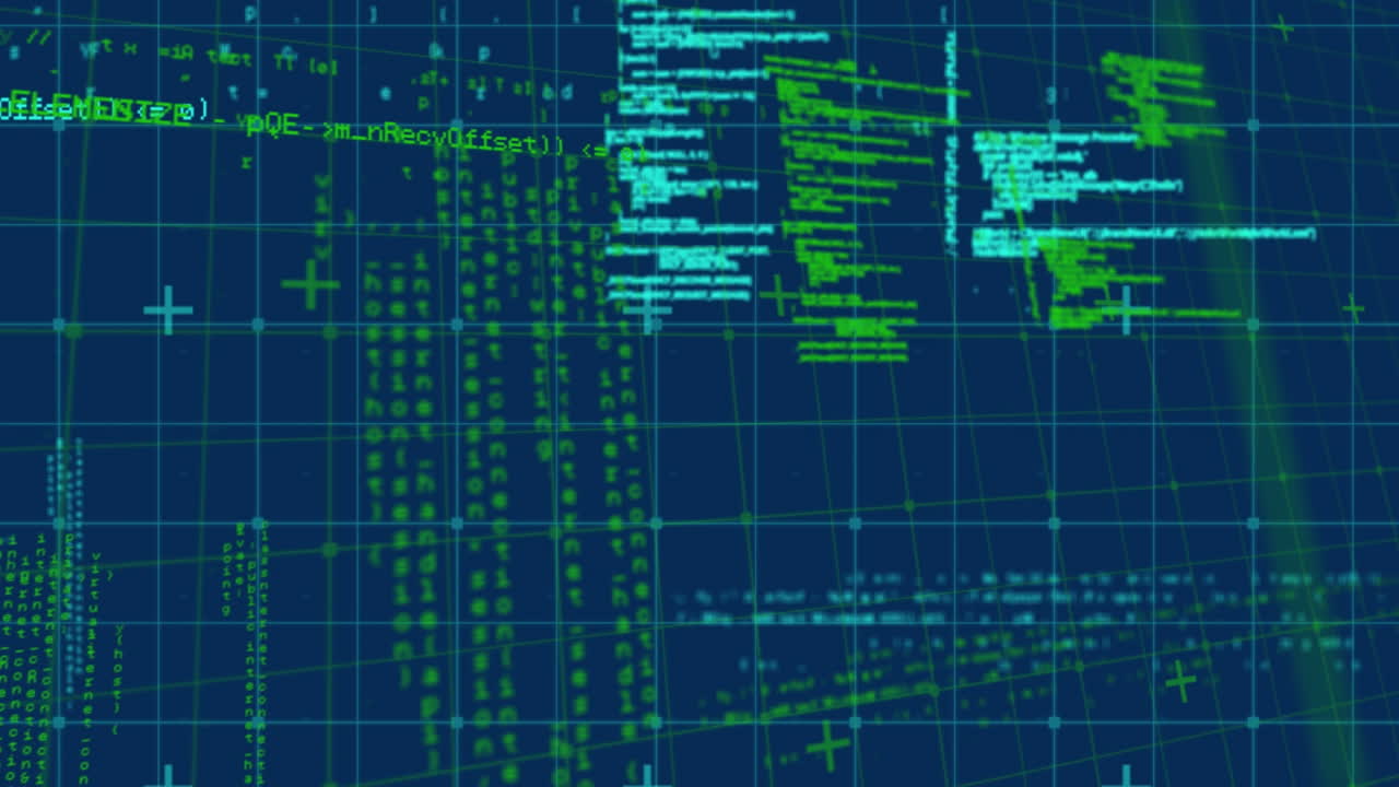 Animation of data processing over grid on blue background