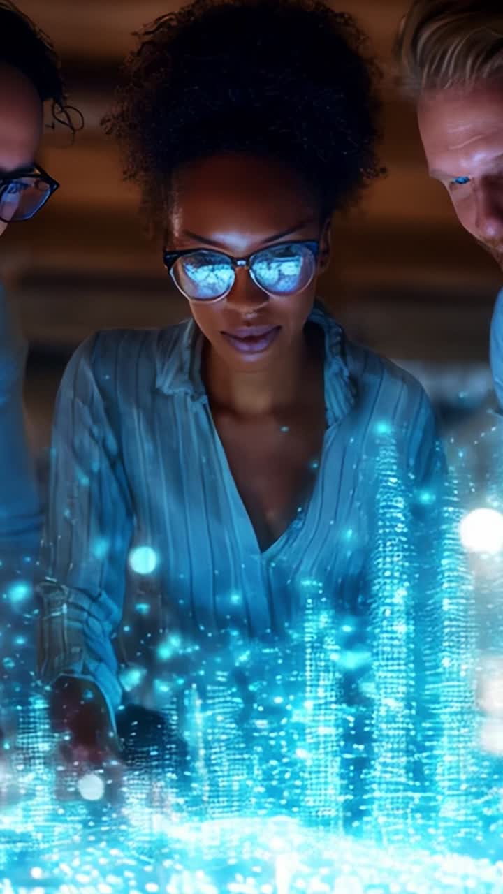 A group of three individuals engaging with a holographic data visualization, showcasing a futuristic atmosphere filled with digital graphs and vibrant colors