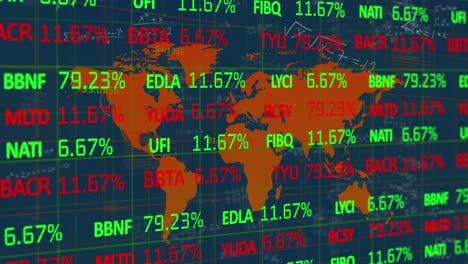 Animación-Del-Tablero-De-Comercio-Sobre-Ecuaciones-Matemáticas-Y-Mapa-Sobre-Fondo-Abstracto