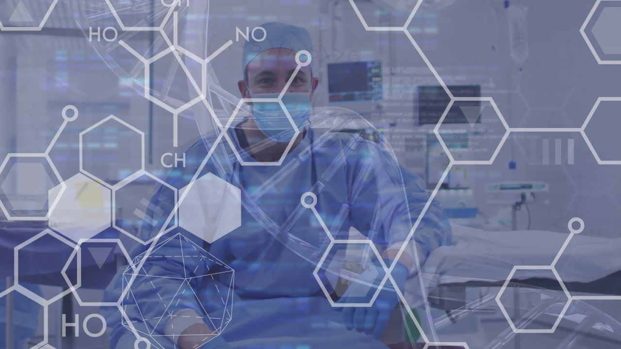Animation of dna strand over caucasian doctor with face mask