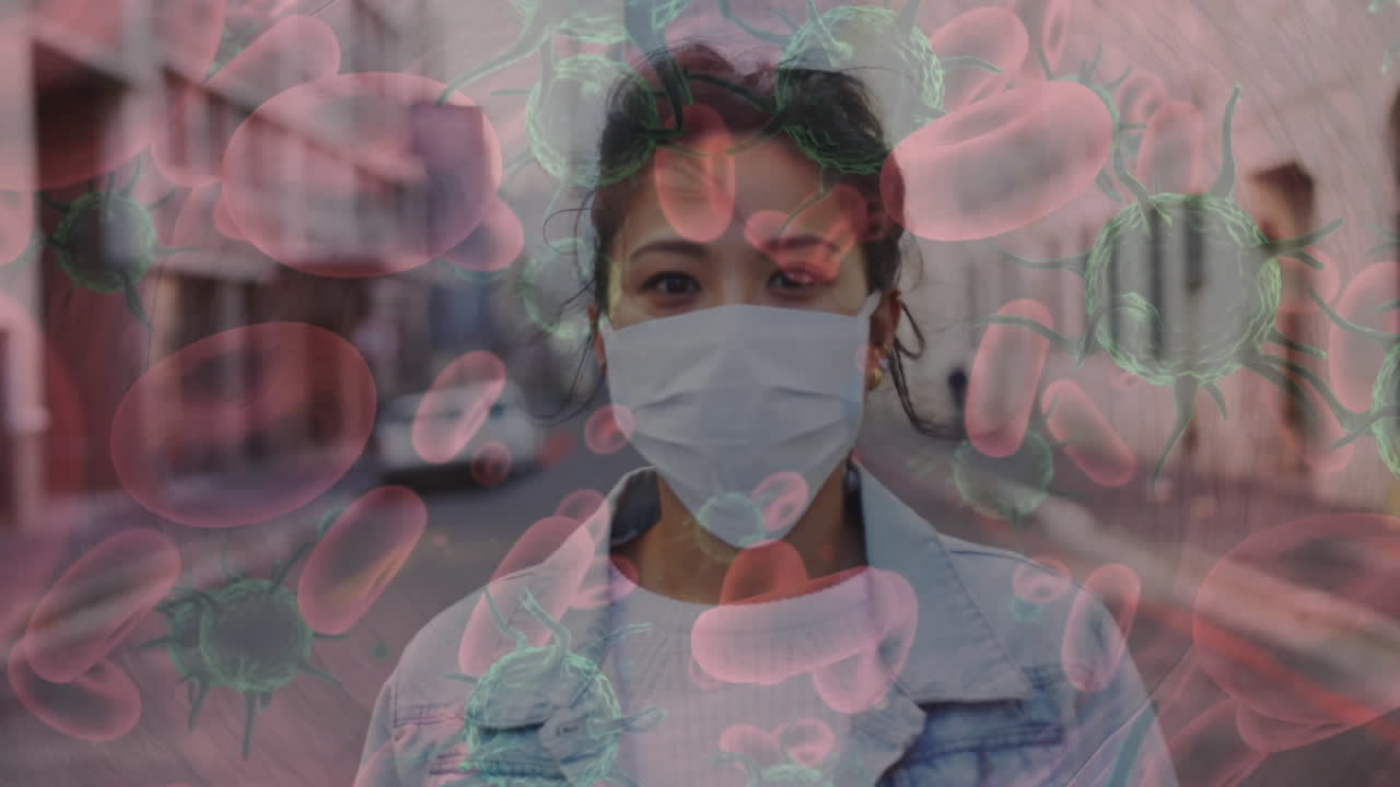 Animation of covid 19 cells moving over woman in face mask