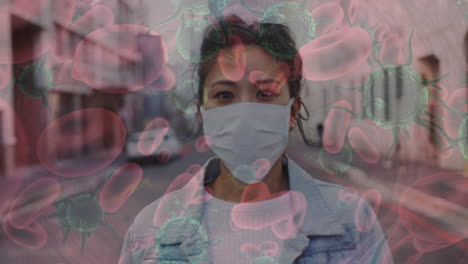 animation of covid 19 cells moving over woman in face mask