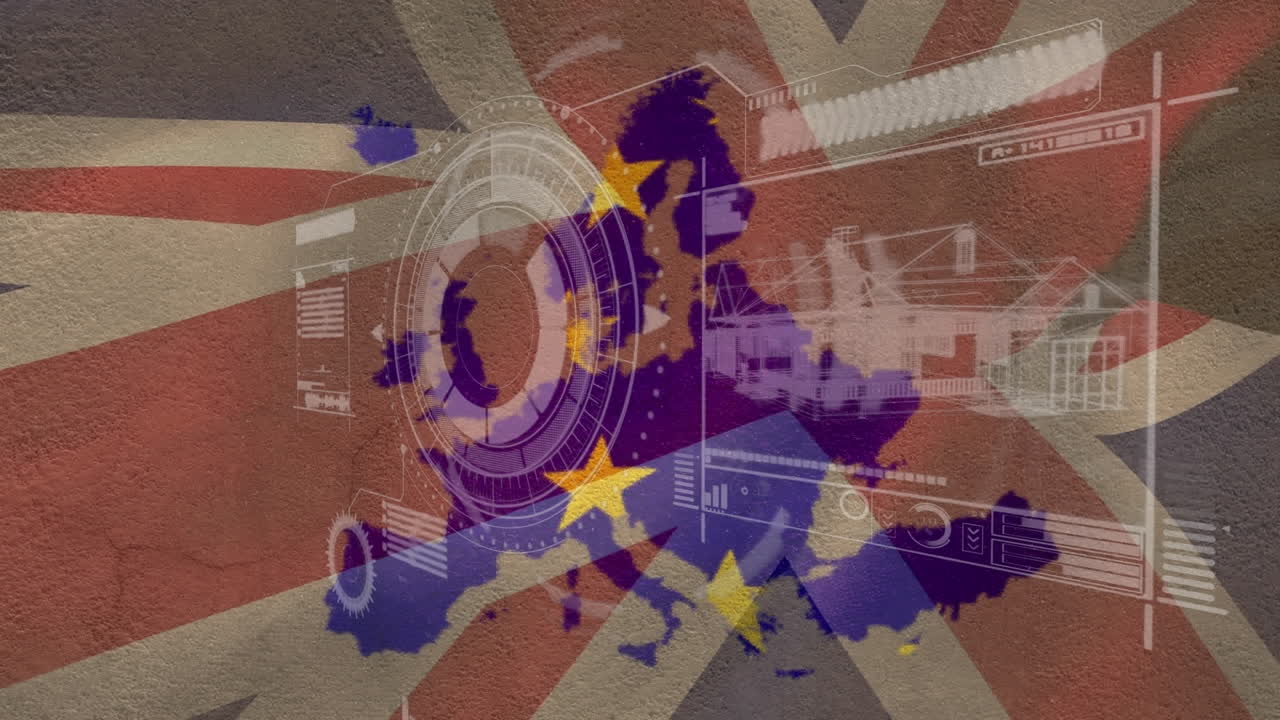 Animation of data processing over eu and uk flag