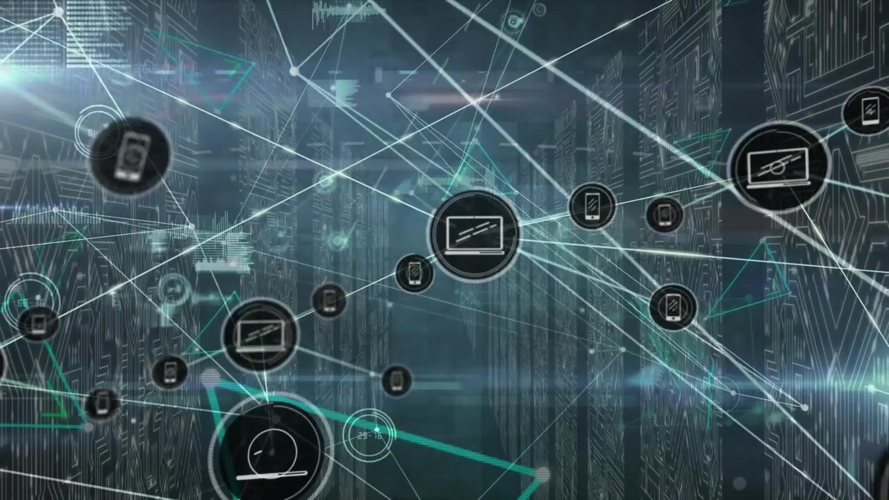Animation of network of connections with icons and data processing over server room