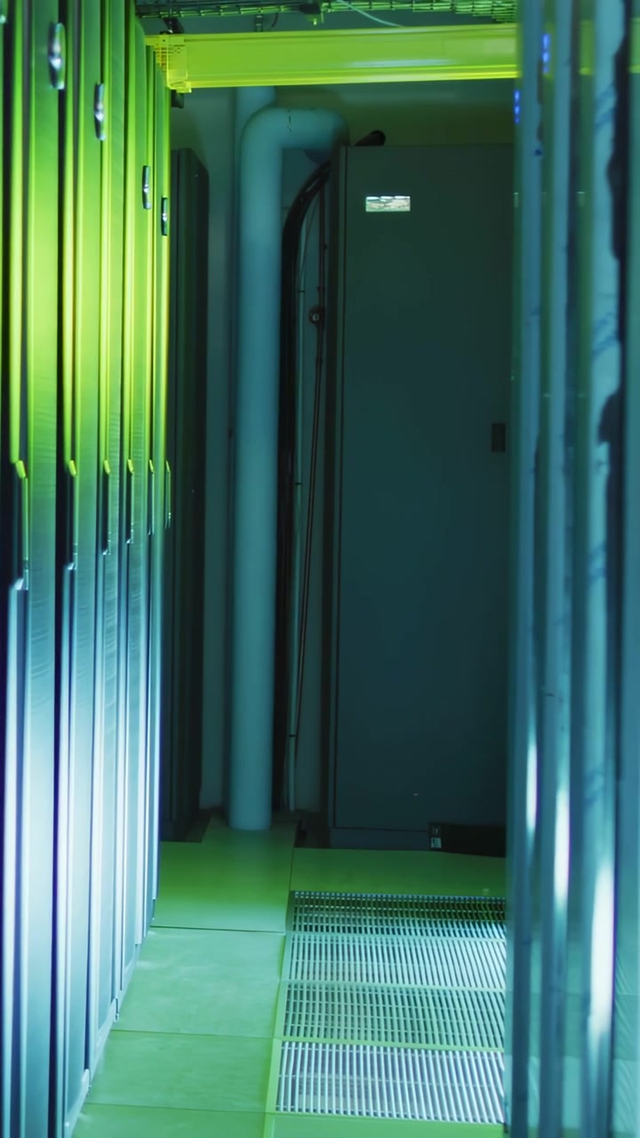 Video verticale: Sfera verde che appare a sinistra, attraversando un corridoio grigliato e mostrando una rete di segnalazione a trifoglio.