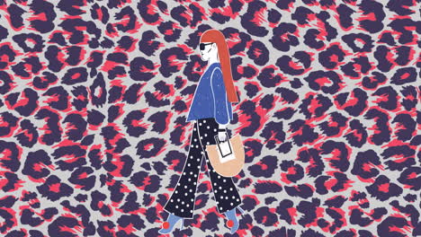 animación de una mujer caminando sobre un patrón de animal