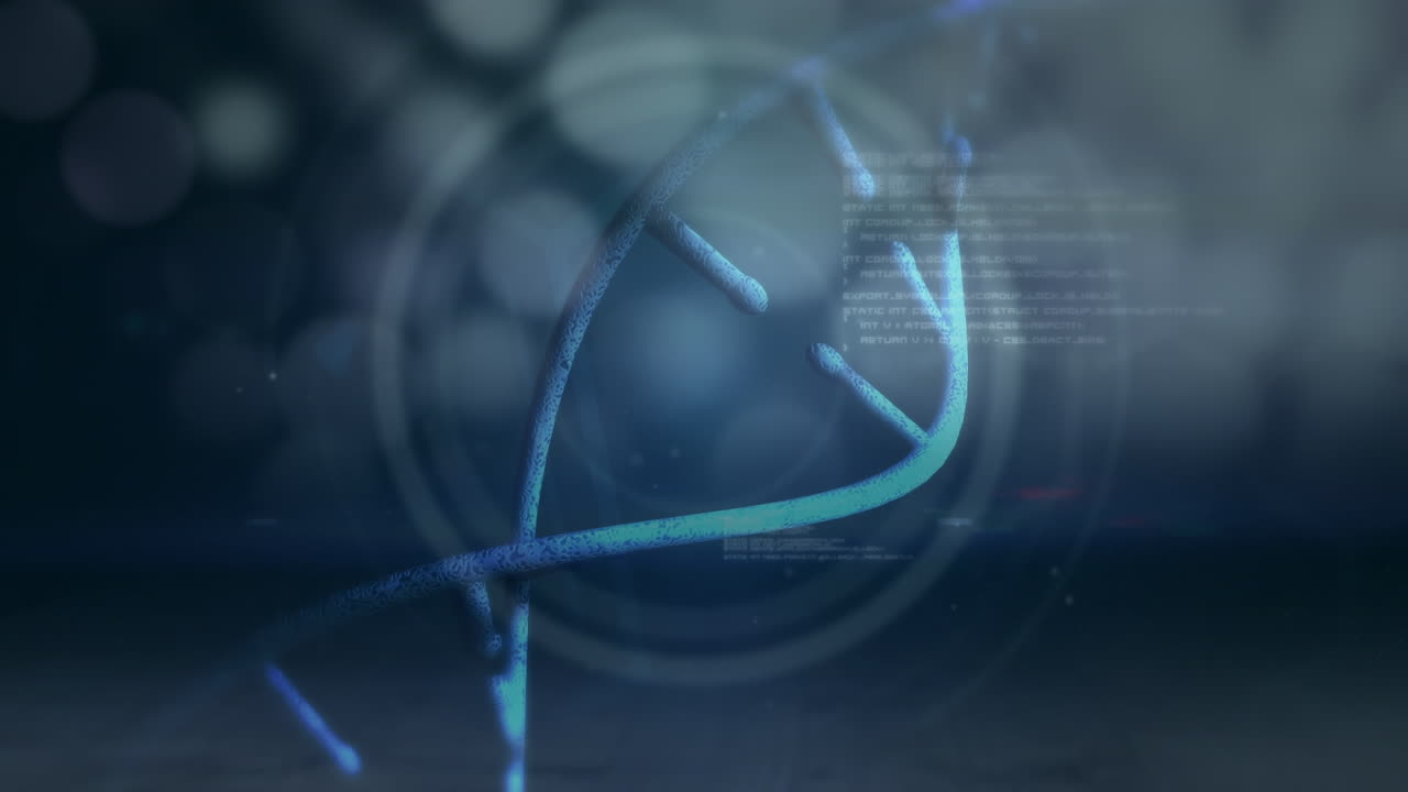 animación de la cadena de adn y procesamiento de datos sobre luces brillantes sobre un fondo oscuro