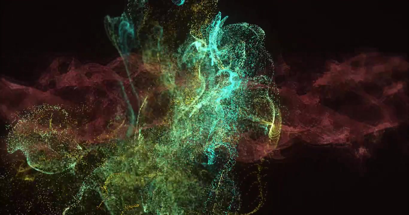 Lower emitter releasing teal-yellow plume, rising and swirling while red mist forming, adding depth
