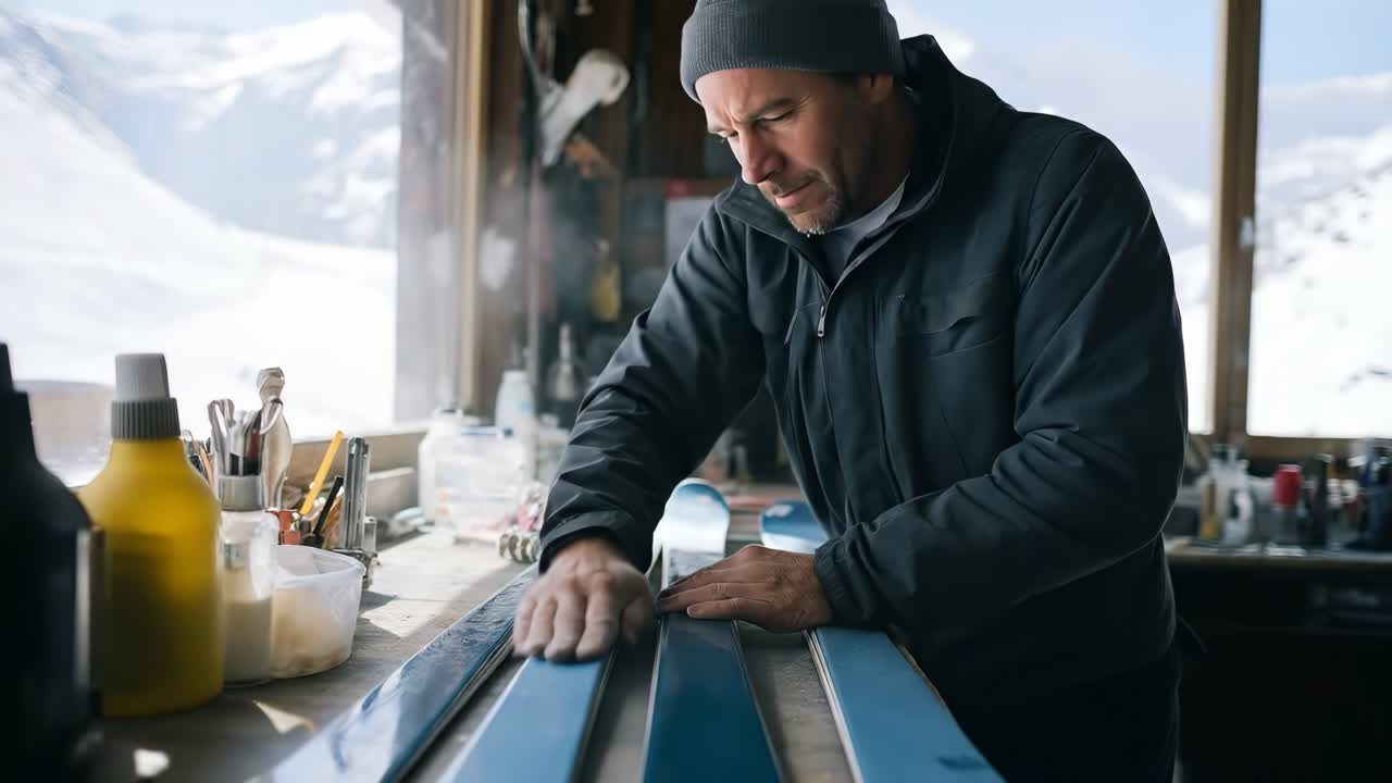 Man Preparing Skis In Workshop