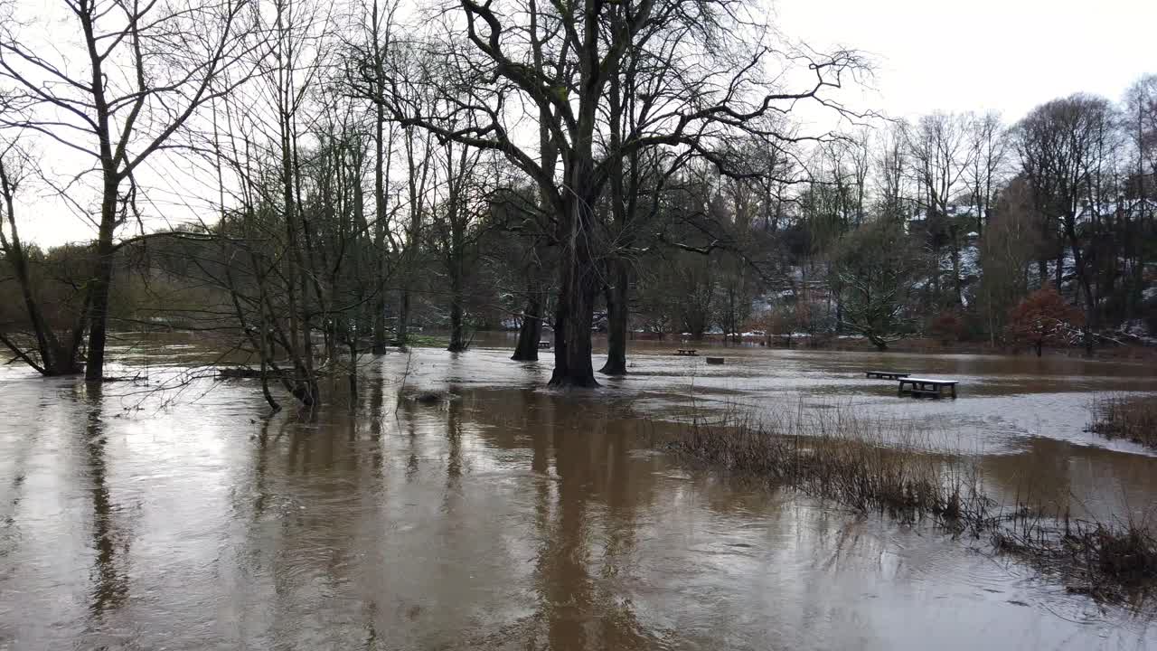 Il fiume Bollin a Wilmslow, Cheshire, Inghilterra, Regno Unito, dopo forti piogge e lo straripamento dei suoi argini.