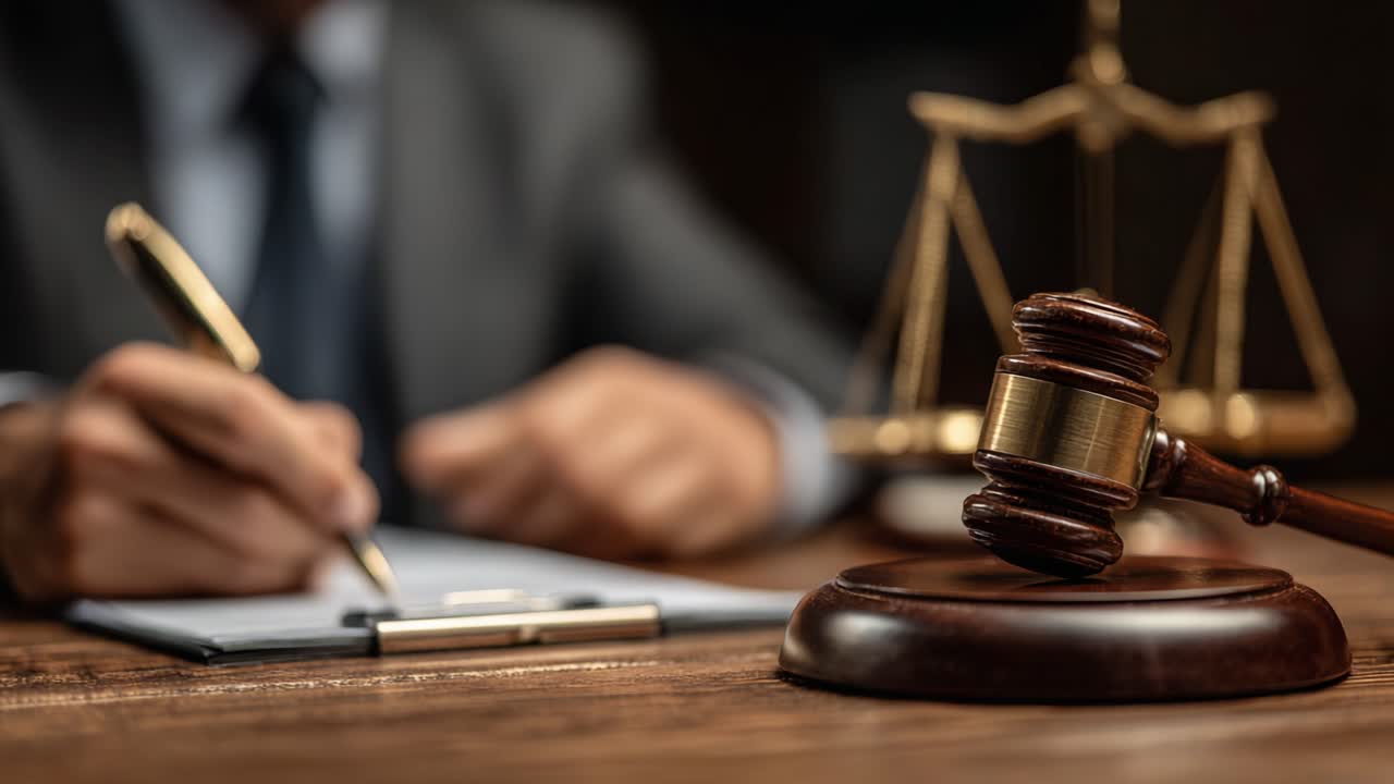 A Legal Professional Engaging in Important Documentation with a Gavel and Scales of Justice in Focus, Emphasizing the Essence of Law and Fairness