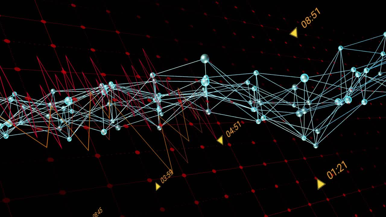 Cyan mesh network moving across red grid, triggered by rising wave, pulsing nodes showing timecodes