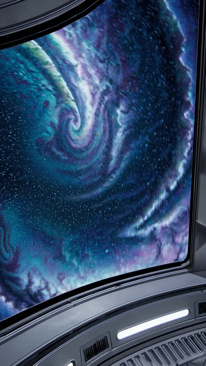 A futuristic spaceship window view of a swirling galaxy, captured from a low angle