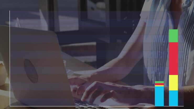 Animation of multicolored bar graph over caucasian woman working in laptop in cafes