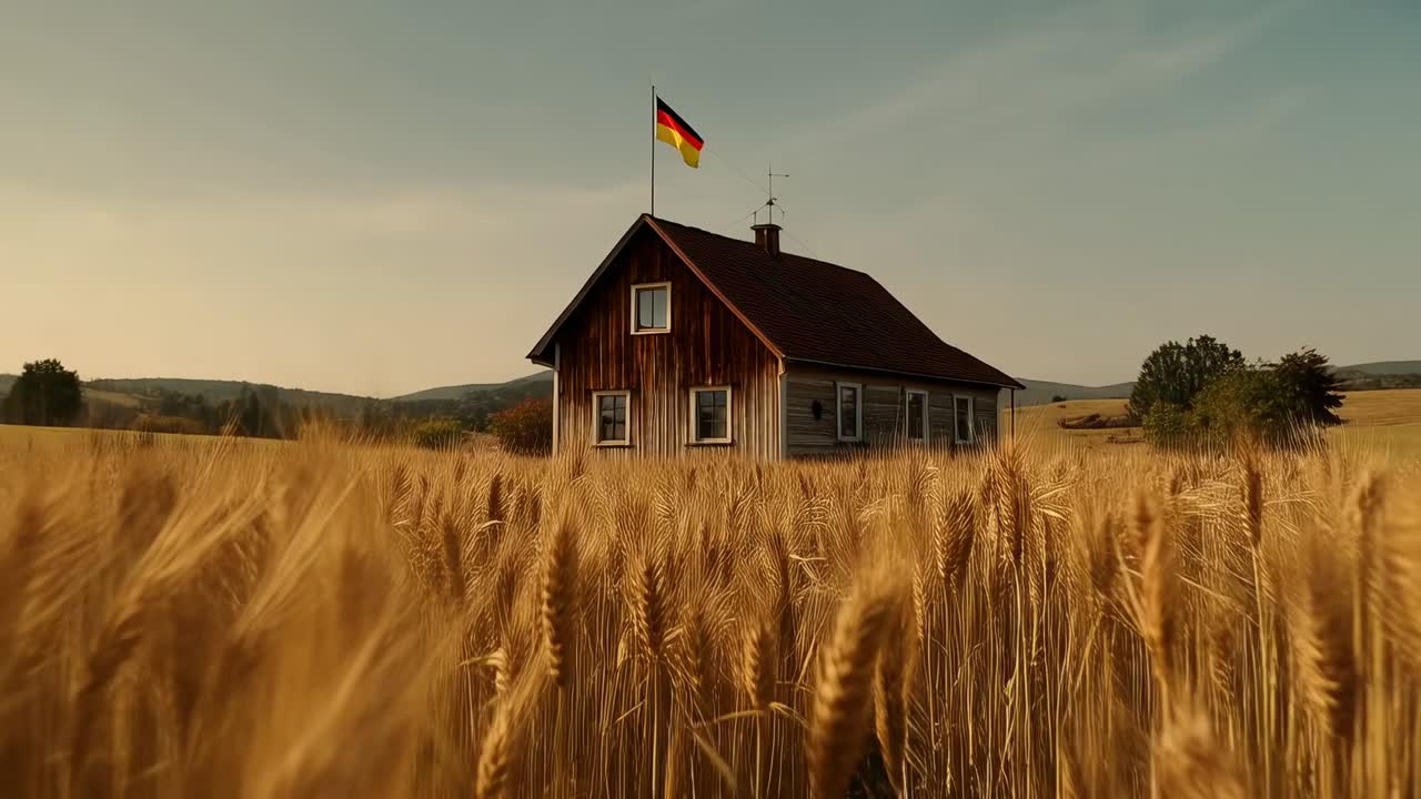 Pulling back camera revealing small wooden farmhouse in wheat field to show German flag fluttering