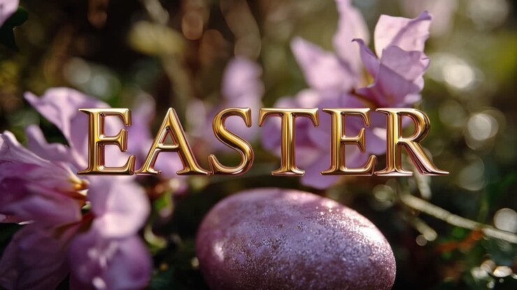 Golden lettering spells Easter, glowing softly. Purple egg rests near delicate pink blossoms. Sunlight filters through petals, creating warm bokeh. Spring's renewal feels gentle, joyful, and hopeful