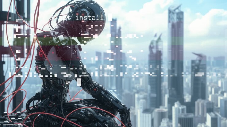 Robot cyborg in un paesaggio urbano distopico realizzato con arte generativa AI