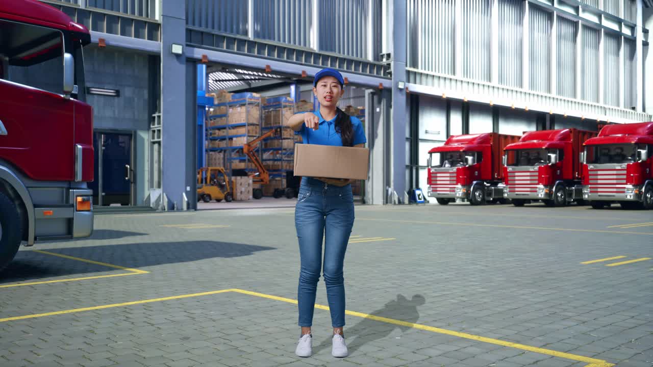 Full Body Of Unsatisfied Asian Female Courier In Blue Uniform Shouting To Camera While Delivering A Carton, Outside Warehouse