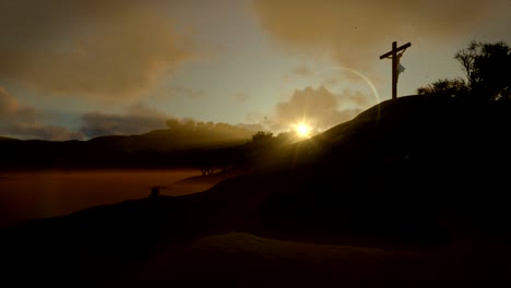 mujer cristiana orando en la cruz de jesús, amanecer, 4k